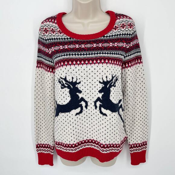 H&M Women's Ugly Christmas Jacquard Knit Reindeer Sweater Size M White Red Black - Picture 1 of 10